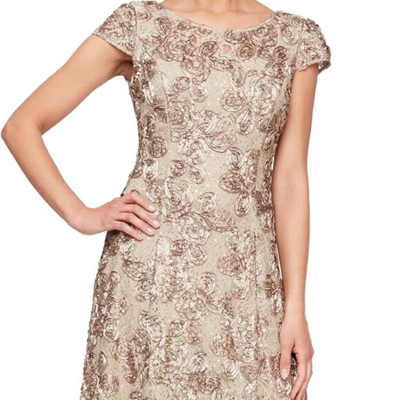 ALEX EVENINGS Audrey Rosette Lace Sequin Dress Size 14 Champagne Style 1121570 - Picture 1 of 15